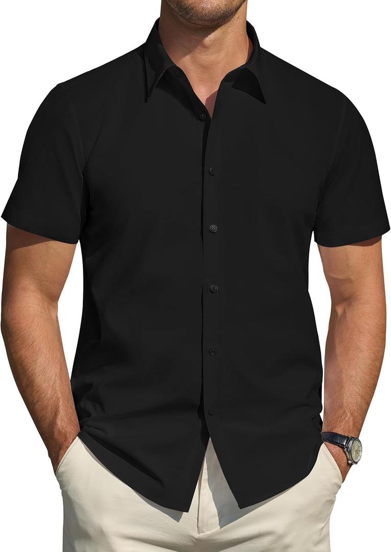 J.VER Men's Short Sleeve Dress Shirts Stretch Stain Shield Casual Button Down Shirts Solid Formal Shirt (X-Large, Black)