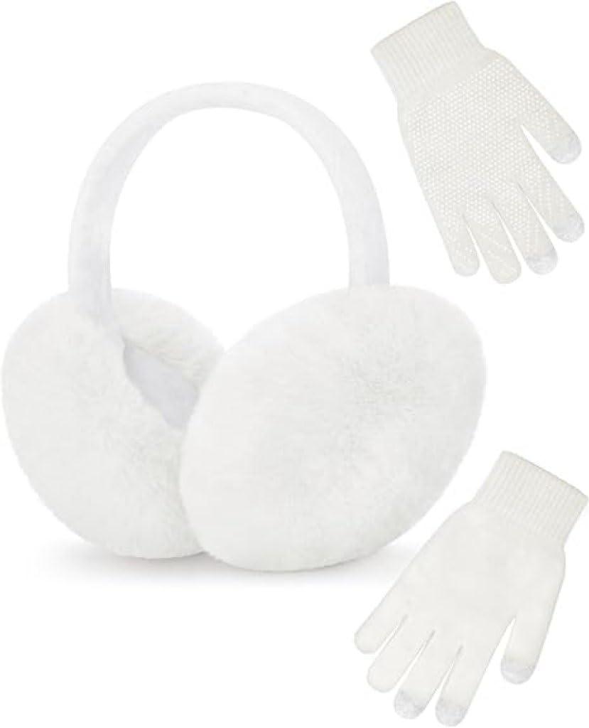 YSense Winter Earmuffs Ear Warmers for Women Fur Adjustable Foldable Ear Muffs Gloves White Earmuffs Gifts, Bone White