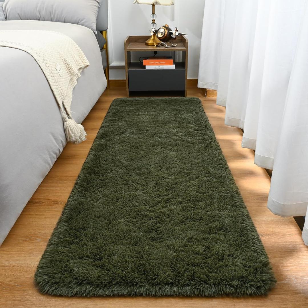 Fluffy Runner Rug for Bedroom Living Room, 2x6 Olive Green Bedside Rugs, Faux Fur Shag Modern Carpet Ultra Soft Girls Boys Room Home Decor, Solid
