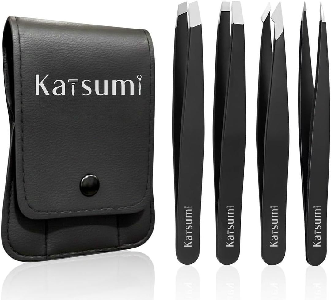2 x Katsumi Pinnacle 4-Piece Tweezers Set  Precision Stainless Steel Tweezers for Eyebrows, Facial Hair, Ingrown Hair, Splinters, Hair removal Tweezer for Men & Women, Professional Tweezer Kit (Black)