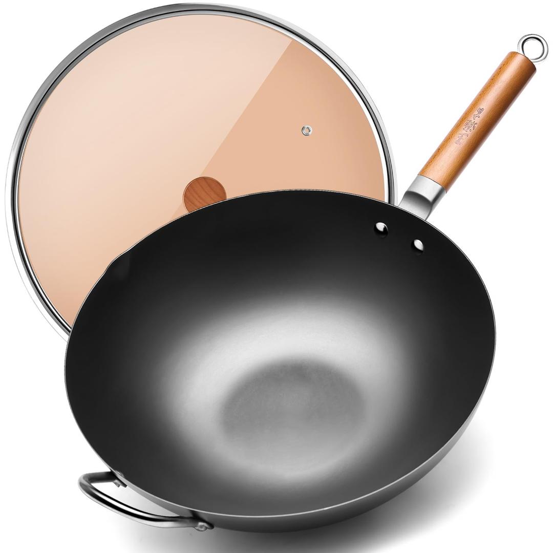 WANGYUANJI 14.2" Carbon Steel Wok with Lid, Flat Bottom Chinese wok