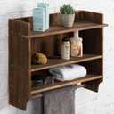 MyGift 3 Tier Wall Mounted Rustic Burnt Solid Wood Bathroom Storage Shelves, Wooden Floating Shelf Toilet Paper Holder Rack with 23 Inch Wide Towel Hanging Bar
