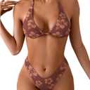 MakeMeChic Women's Halter Triangle Thong Bikini Sets High Cut Swimsuit Bathing Suit Swimwear (Medium, Floral Print Brown)