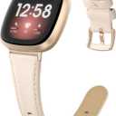 EDIMENS Leather Bands Compatible for Fitbit Versa 3 / Fitbit Versa 4 / Fitbit Sense for Women Men, Genuine Leather Bands Replacement Wristbands Straps Compatible with Versa 3 / Versa 4 / Sense (Small 5.7"-7.8", Beige)