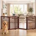 Homykic Dog Gate Indoor, 88.2" W x 30" H Extra Wide Foldable Bamboo Pet Gate with Door, No Assembly Freestanding Dog Fence with 2 Support Feet & 360Hinges for Doorways Hallways (Espresso, 4 Panels)