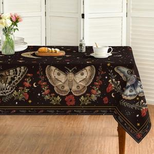 Horaldaily Butterflies Stars Moon Tablecloth 60×140 Inch Rectangular, Black Gothic Vintage Style Washable Table Cover for Party Dinner Patio Garden Picnic