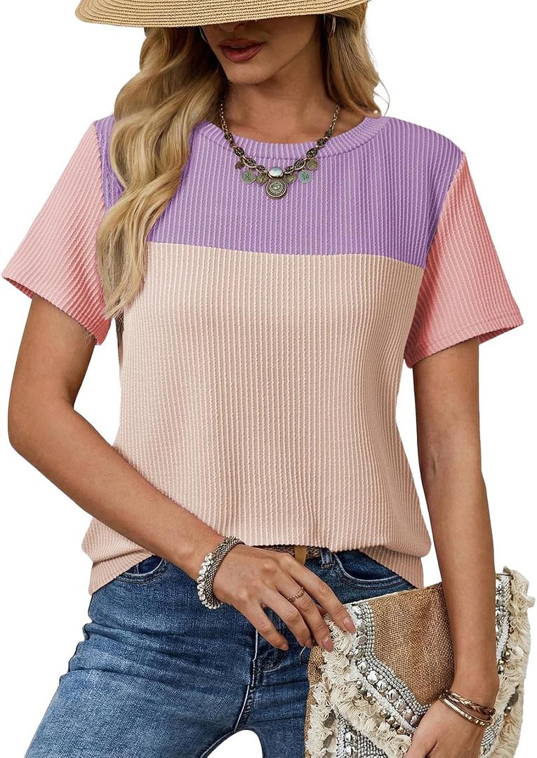 Dokotoo Womens Summer Tops 2026 Casual Color Block Womens T Shirts Loose Fit Crewneck Knitted Tops Trendy (XXL)