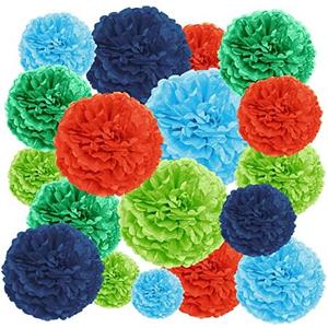 EpiqueOne 20-Piece Tissue Paper Pom Poms Party Decorations Kit - Orange, Blue, Teal, Green & Light Green | Different Sizes - 6", 8", 10", 12" & 14" | Ideal for Birthdays, Bridal or Baby Showers & More, Pack Of 5