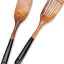 2 Pcs Wooden Spatula Set for Cooking Non Toxic Teak Kitchen Utensils Slotted Pancake Turner Flat Wood Wok Spatulas Bamboo Spoon for Cooking Utensil Set Spurtle Scraper Black Fish Egg Flipper Spatula