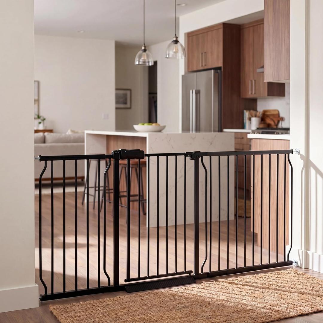 Extra Wide Baby Gate 71.5-76.3" Dog Gate for Doorways, Pressure Mounted No Drill Safety Gate for Kitchen, Hallways, Black Metal Pet Gate for Dogs