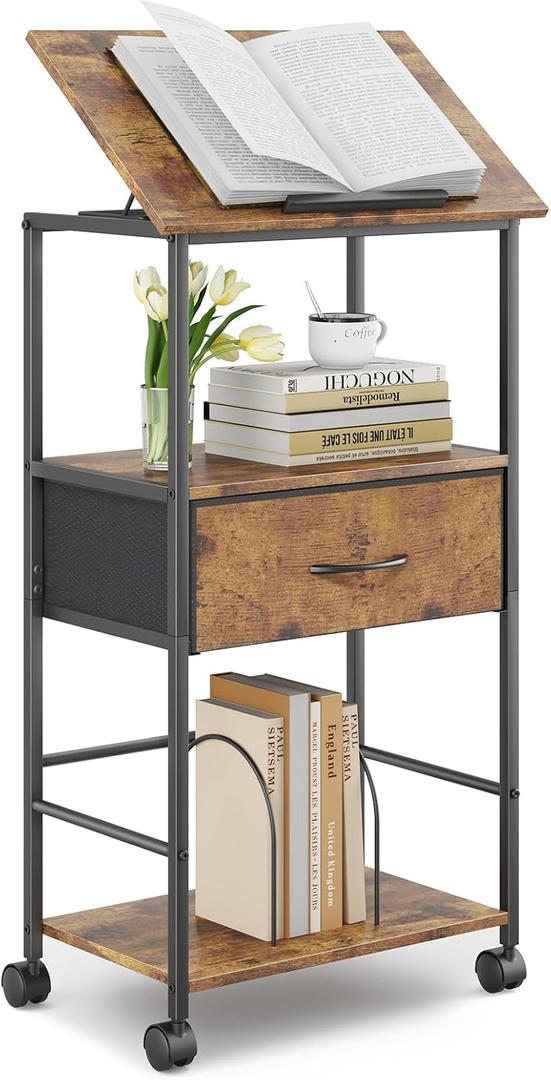 HOMEKOKO 3-Tier Bookshelf with Adjustable Flip Top, Living Room Industrial Movable Bookcase, Rustic Book Shelf with Drawer, Wood-Metal Rustic Bookshelves (Rustic Brown)