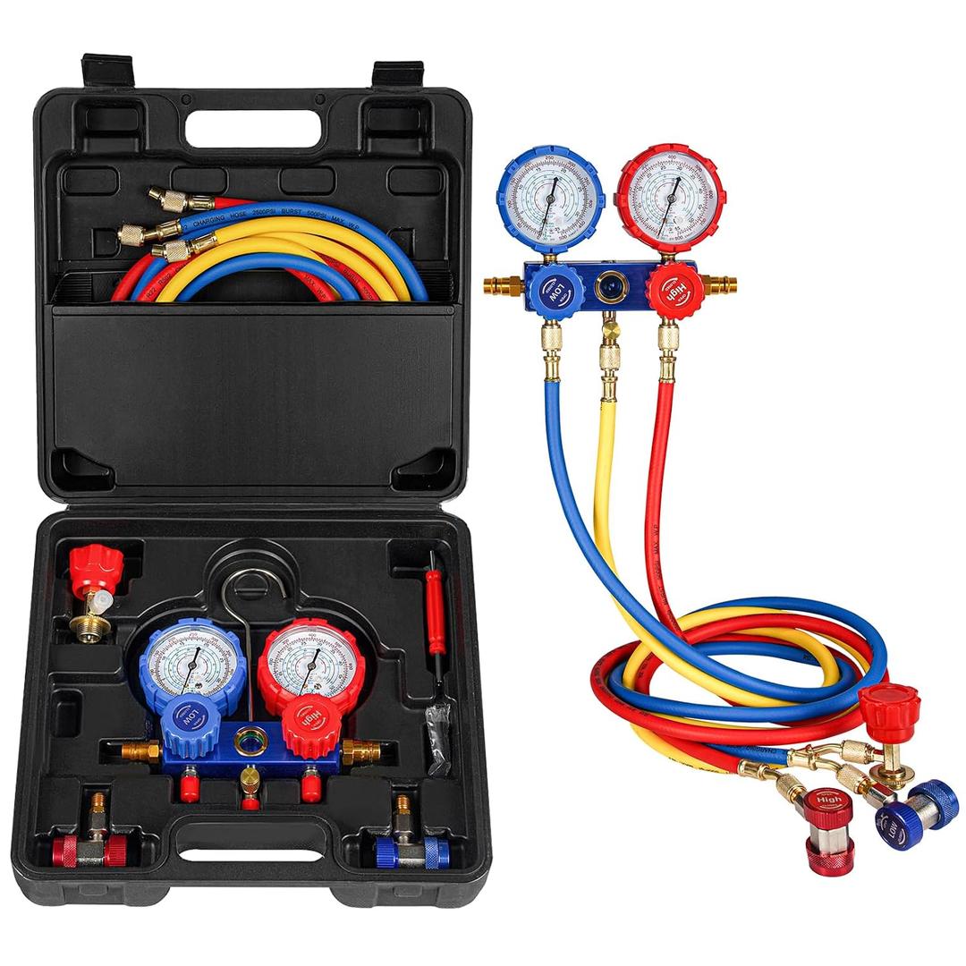 3 Way AC Manifold Gauge Set AC Gauge Set Fits for R134A R410A R404A R22 Refrigerant with Adjustable Couplers, Hoses, Can Tap & Adapters