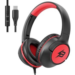 Kids Headphones Wired with USB C Plug, 85/94 dB Volume Limit Foldable USB Type C Headphones for Kids Boys Girls, Plug in Headphones Corded Over Ear Wired Headphones for School/Tablet/Travel, Black Red