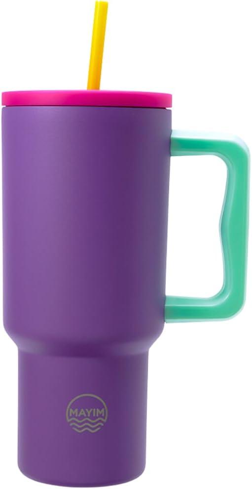 Mayim The Color Block Odyssey 30 Oz Stainless Steel Leak Proof Tumbler with Handle, Insulated Travel Mug or Water Bottle with Straw and Spill Proof Lid for Home, Office or Car -Purple Mix