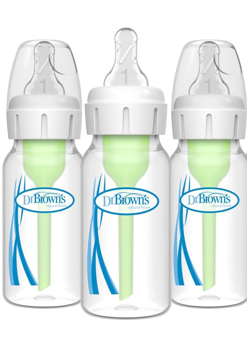 Dr. Brown's Natural Flow Anti-Colic Options+ Narrow Baby Bottle, 4 oz/120 mL, with Level 1 Slow Flow Nipple, 0m+, 3 Pack