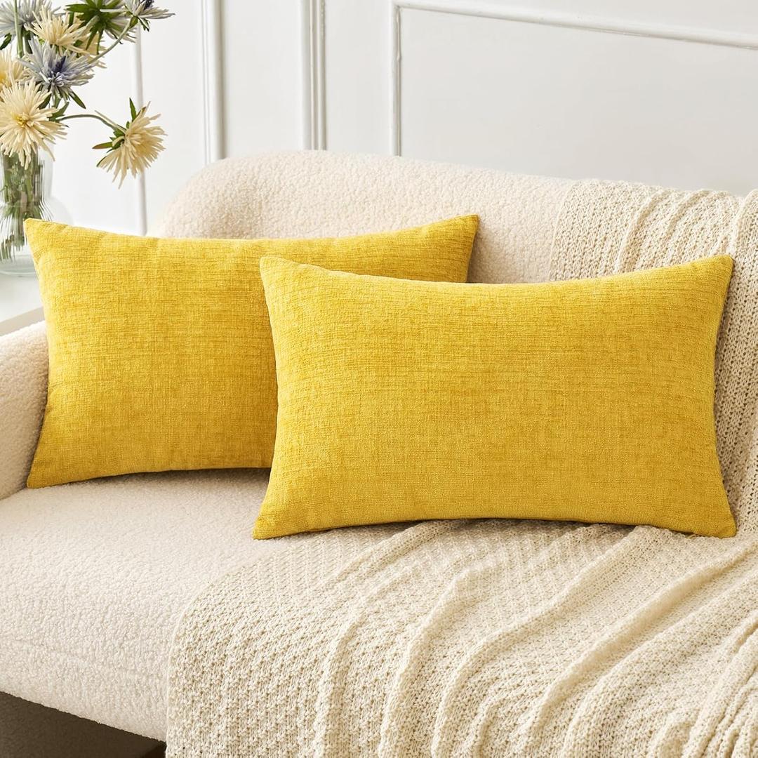 MIULEE Pack of 2 Couch Throw Pillow Covers 12x20 Inch Soft Yellow Chenille Lumbar Pillow Covers for Sofa Living Room Spring Home Decor Couch Solid Dyed Cases