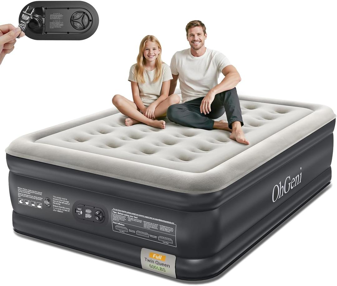 OhGeni Air Mattress Full with Built-in Pump,18'' Comfortable Blow Up Colchones Inflables Mattress for Home,Guests,Foldable,Portable Bed for Adults,Durable Airbed Supports Up to 600 lbs,Black