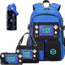 Boys Backpack, Cool Luminous Gamer School Backpacks for Boys with 14oz Insulated Water Bottle Lunch Bag Pencil Case, Kids Backpack Book Bags for Kindergarten Elementary Middle School, Black/Blue  