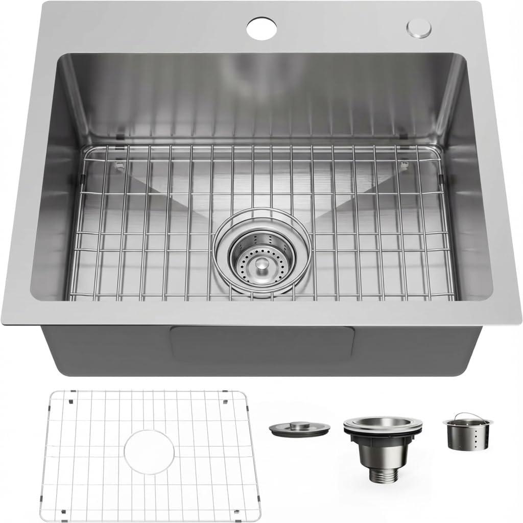 20" x 16" Drop in Kitchen Sink 304 Stainless Steel Single Bowl Topmount Kitchen Sink with Drain Kit and Bottom Grid, Brushed