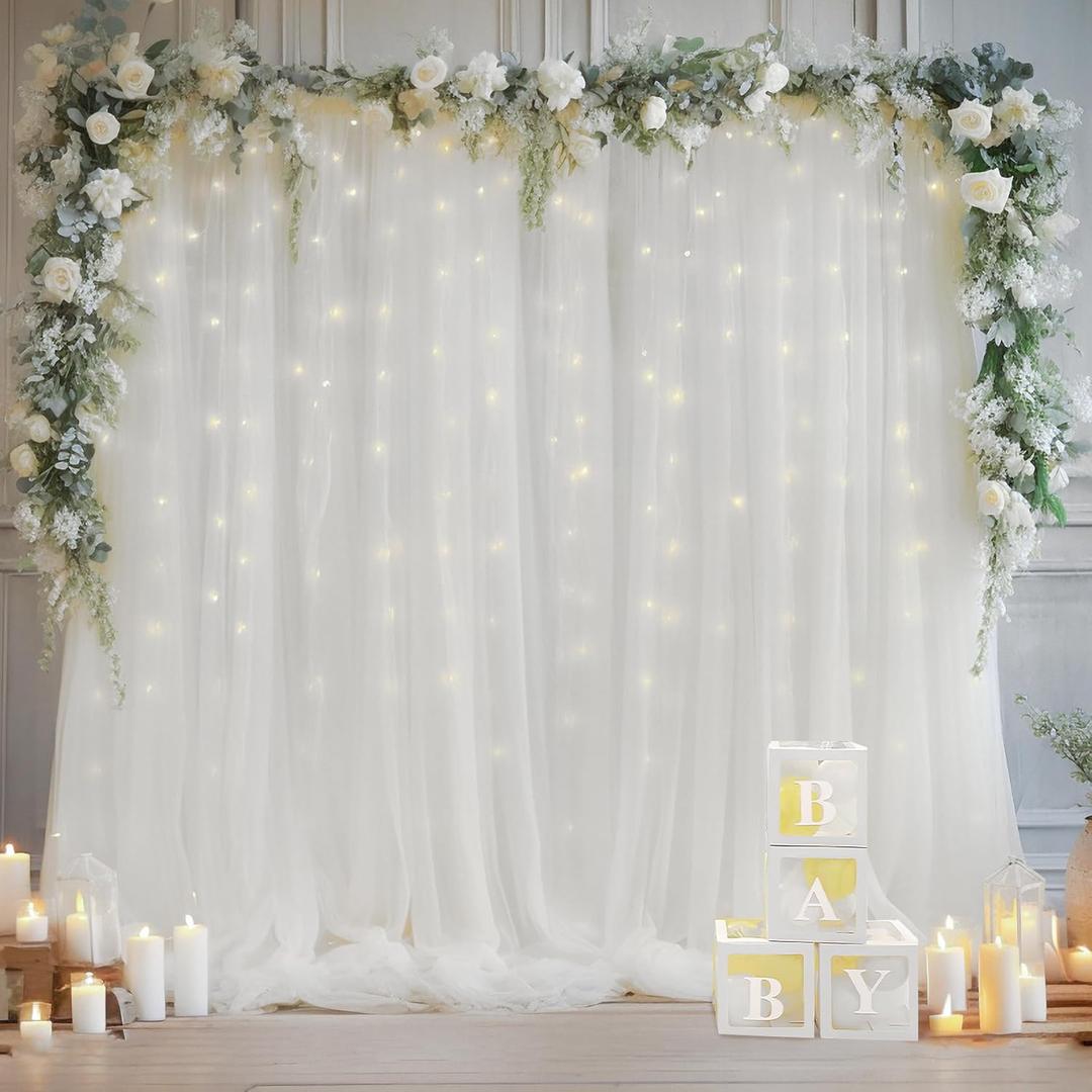 1010ft White Tulle Backdrop Curtain with Lights String for Parites, Sheer Curtain Backdrop Drapes for Wedding Party Home Decorations (10ftx10ft)
