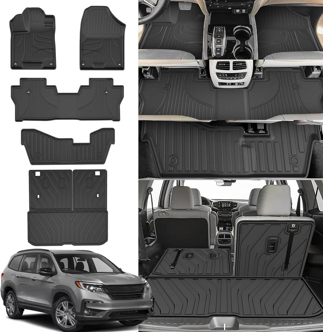 Floor Mats & Cargo Liner & Backrest Mat Fit for Honda Pilot 2016-2022 8 Passenger (No Elite Model) - All Weather Protection TPE Floor Liner with Back Seat Cover Trunk Mat Full Set Pilot Accessories