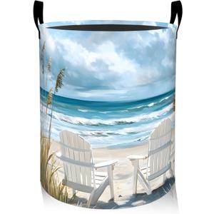 Coastal Laundry Basket, Oxford Cloth Nature Peaceful Dirty Clothes Collapsible Hamper for Room Decor, Ocean Beach and Chair Print Gifts Toy Organizer 19.7 * 15.8 Inch for Bedroom Bathroom Dorm