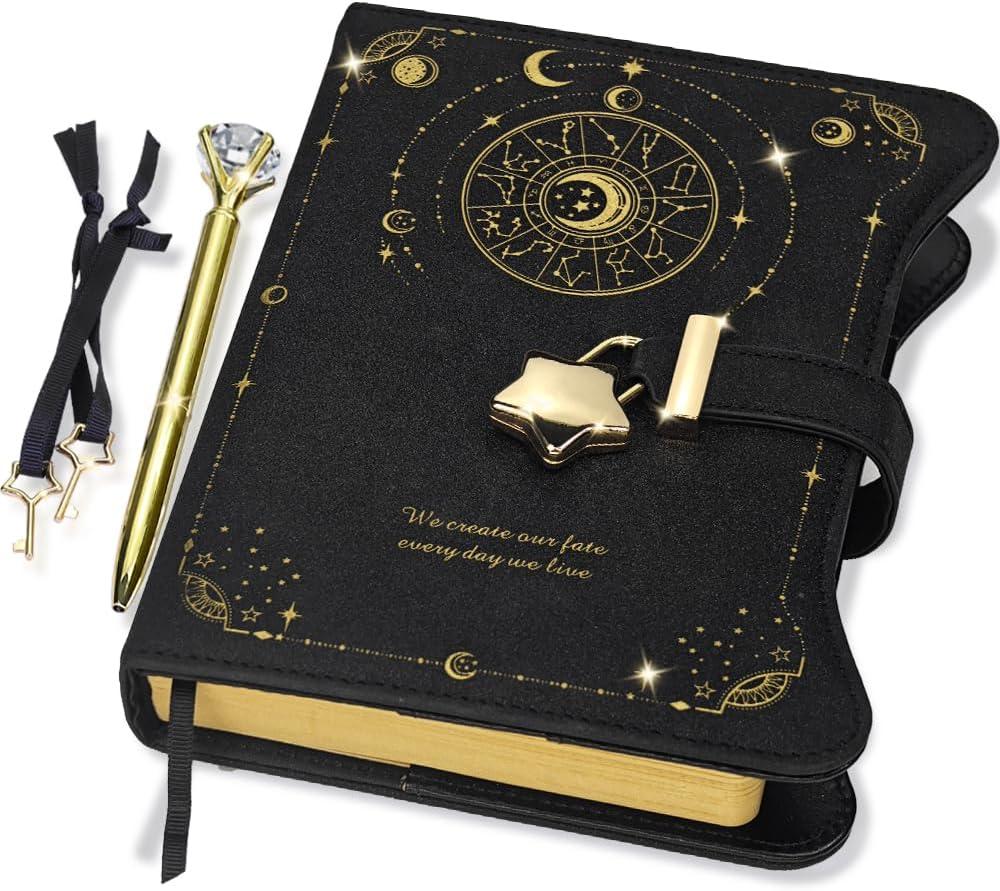 Hoci Poci Diary with Lock and Keys for Girls Gift Ideas, 360 Kraft Pages Journal for Women, B6 Refillable Notebook for Writing with Pen and Bookmark (Astro Black)