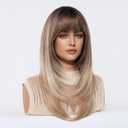 Blonde Wigs with Bangs Long Wavy Wig for Women Ombre Wig with Brown Root Synthetic Fiber Wig for Daily Festival Holiday Use
