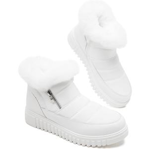 kufeiti Women's Waterproof Fall Winter Snow Boots Platform Fur Lined Ankle Boots for Women with Side Zipper Non Slip Outdoor Work Boots(White, US10)