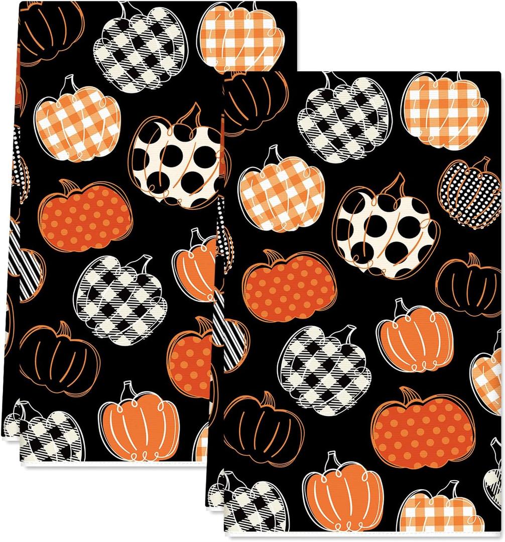 Halloween Kitchen Dish Towel Orange Black Plaid Dot Pumpkin 18 x 28 Inch Dishcloth Hand Drying Tea Towel for Cooking Baking Cleaning Wipes, 2Pcs