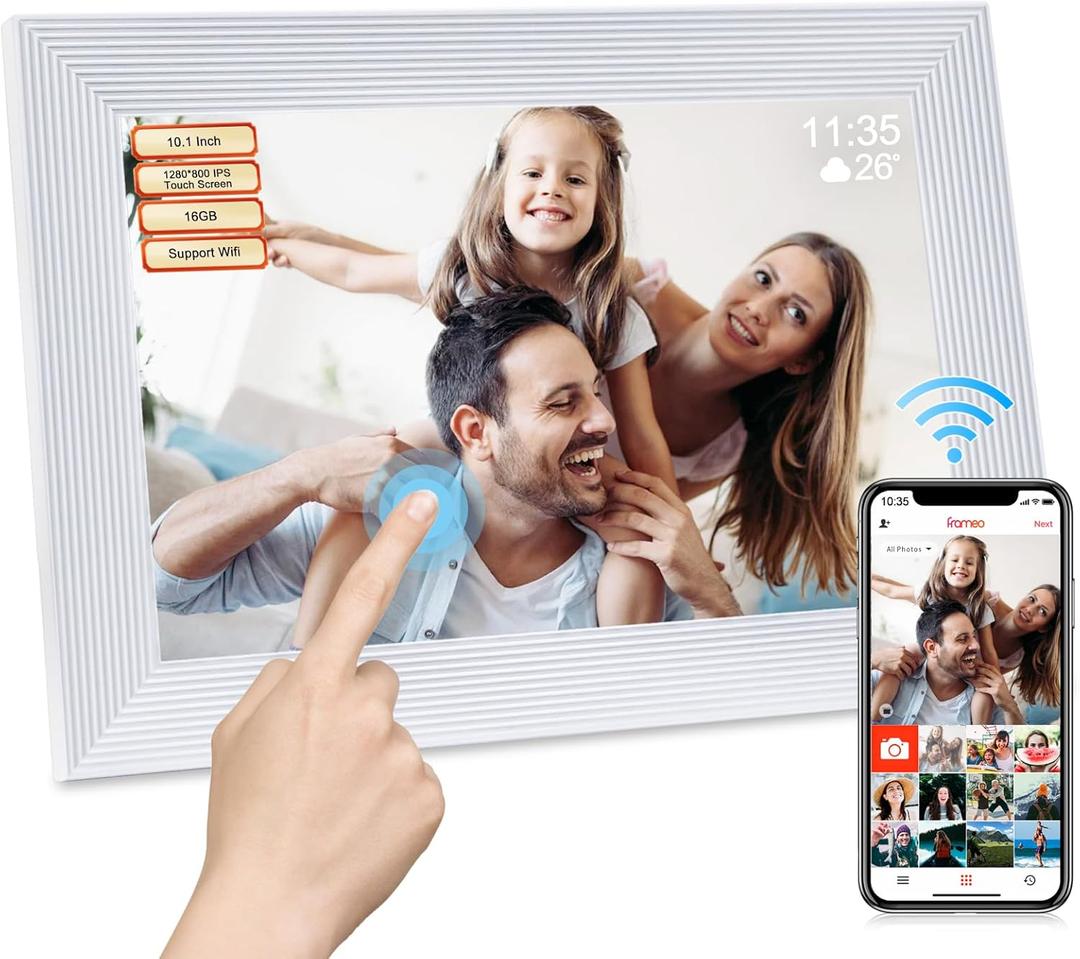 Frameo 10.1 Inch Smart WiFi Digital Photo Frame,Digital Picture Frame with 16GB Storage & SD Slot, Electronic Picture Frame IPS Touch Screen with Auto-Rotate, Frameo Digital Frame WiFi - White