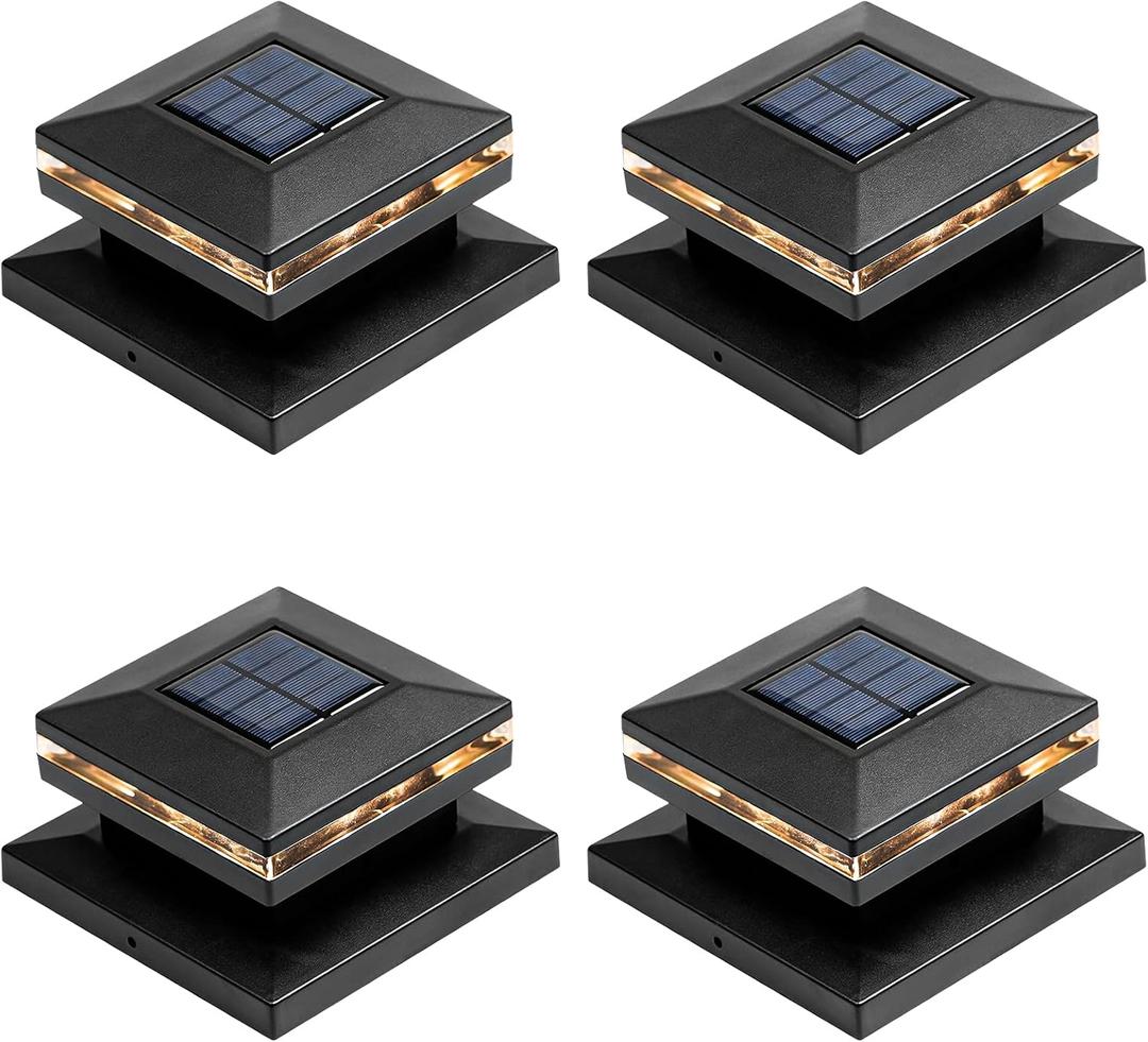 Viewsun 4 Pack Solar Post Lights, Outdoor Fence Post Cap Light Solar Powered Caps for Deck, Patio, Garden Decor, Warm White High Brightness SMD LED Lighting, Lamp Fits for 4x4 or 6x6 Wooden Posts (Black)