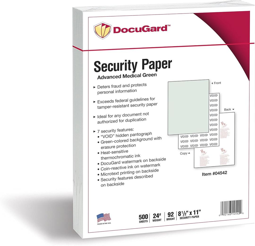 DocuGard Medical Security Papers, 24 lb Bond Weight, 8.5 x 11, Green, 500/Ream