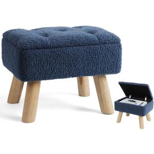 Storage Ottoman, Small Foot Stool Ottoman with Storage, Boucle Teddy Velvet Foot Rest with Padded Seat, Sturdy Wood Legs Stool for Living Room, Bedroom, Couch, Enterway (Dark Blue)