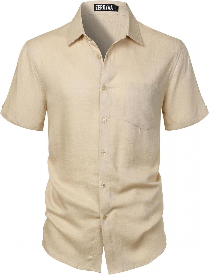 ZEROYAA Men's Linen Shirts Short Sleeve Summer Casual Button Down Beach Shirt with Pocket (Beige, L)