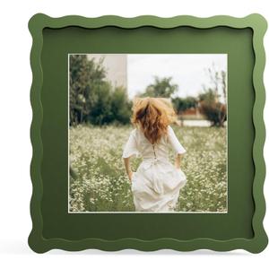 10x10 Picture Frame with Mat for 8x8, Wavy Edge Wooden Real Glass Photo Frame for Tabletop and Wall Hanging, Green, 1 Pack