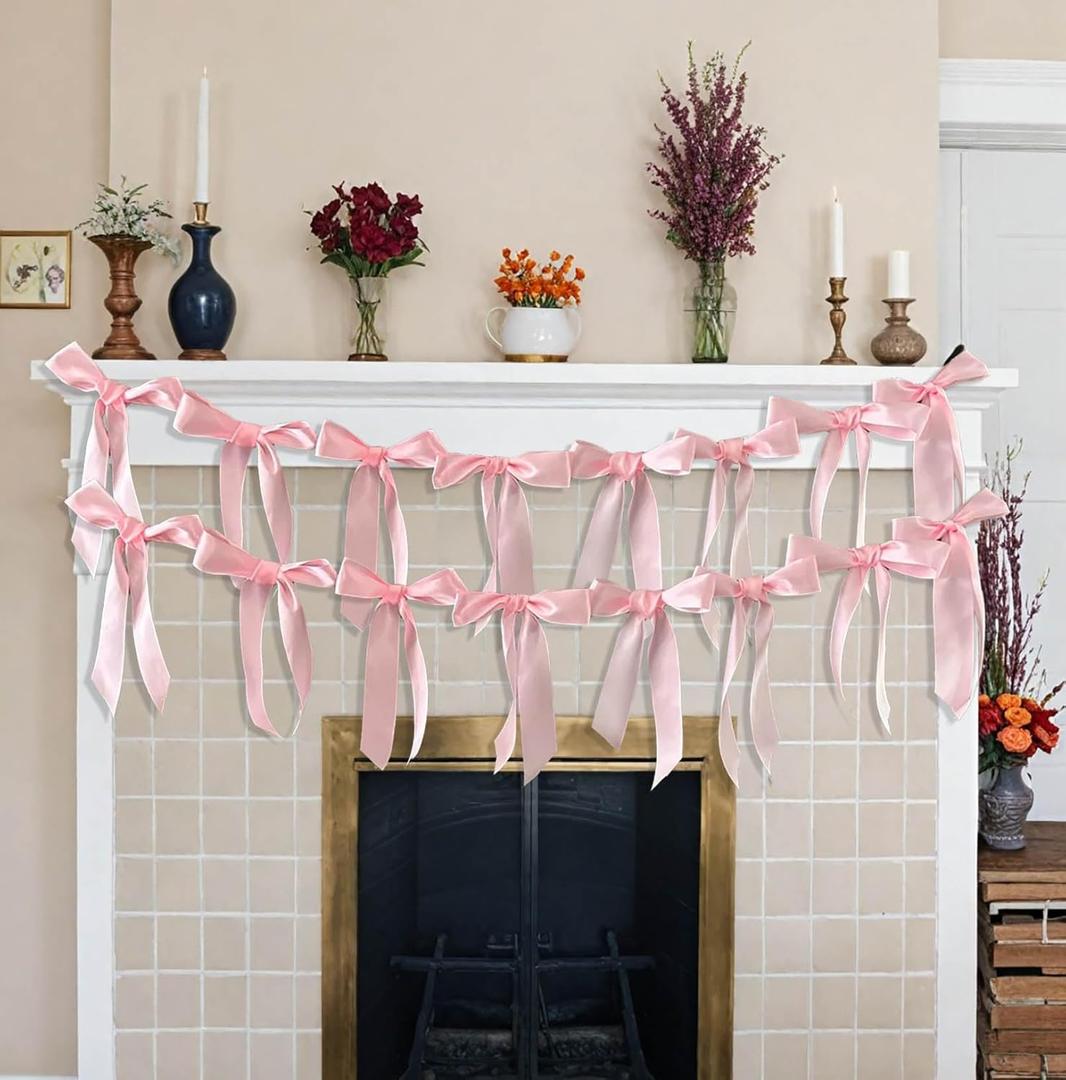 Pre-String Pink Bow Garland Hanging Decortions, Coquette Garland Party Decors, 2Pack Bow Garlands for Bachelorette Party Decorations, Bridal Shower, Wedding Favors, Birthday, Engagement Supplies