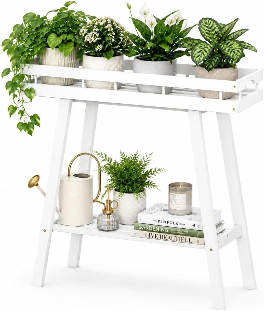 BAMBANG Bamboo Plant Stand Indoor, 2 Tier Small Plant Table, Tall Plant Stand for Indoor Plants, Window Sill Plant Shelf, Flower Pot Holder Plant Bench Plant Rack for Living Room, White