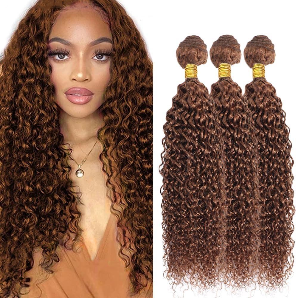 Color #30 Water Wave Bundles Light Brown Human Hair 3 Bundles 22 24 26 Inch Niegmeag Double Weft Light Brown Wet and Wavy Bundle 300g