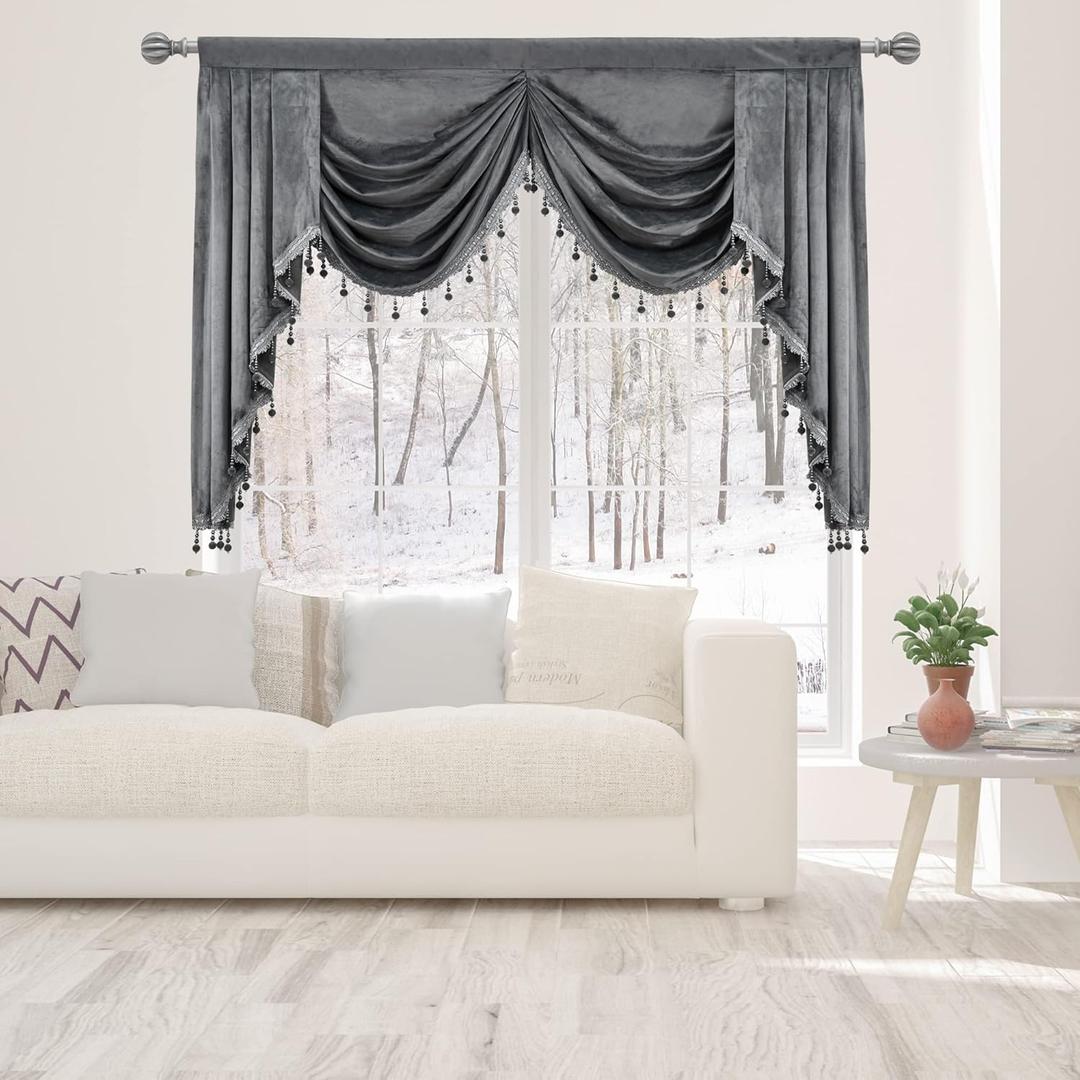 Grey Velvet Window Valances for Living Room Bedroom - Rod Pocket Waterfall Tassels Valance for Window (1 Panel, Grey, W59 inch)