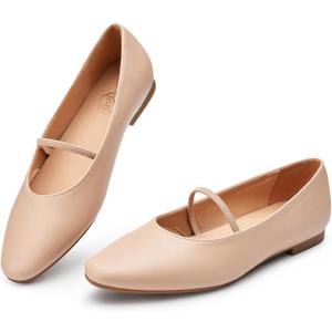 Trary Mary Jane Ballet Flats for Women - Comfortable Closed Toe Shoes With Strap (7, Nude)