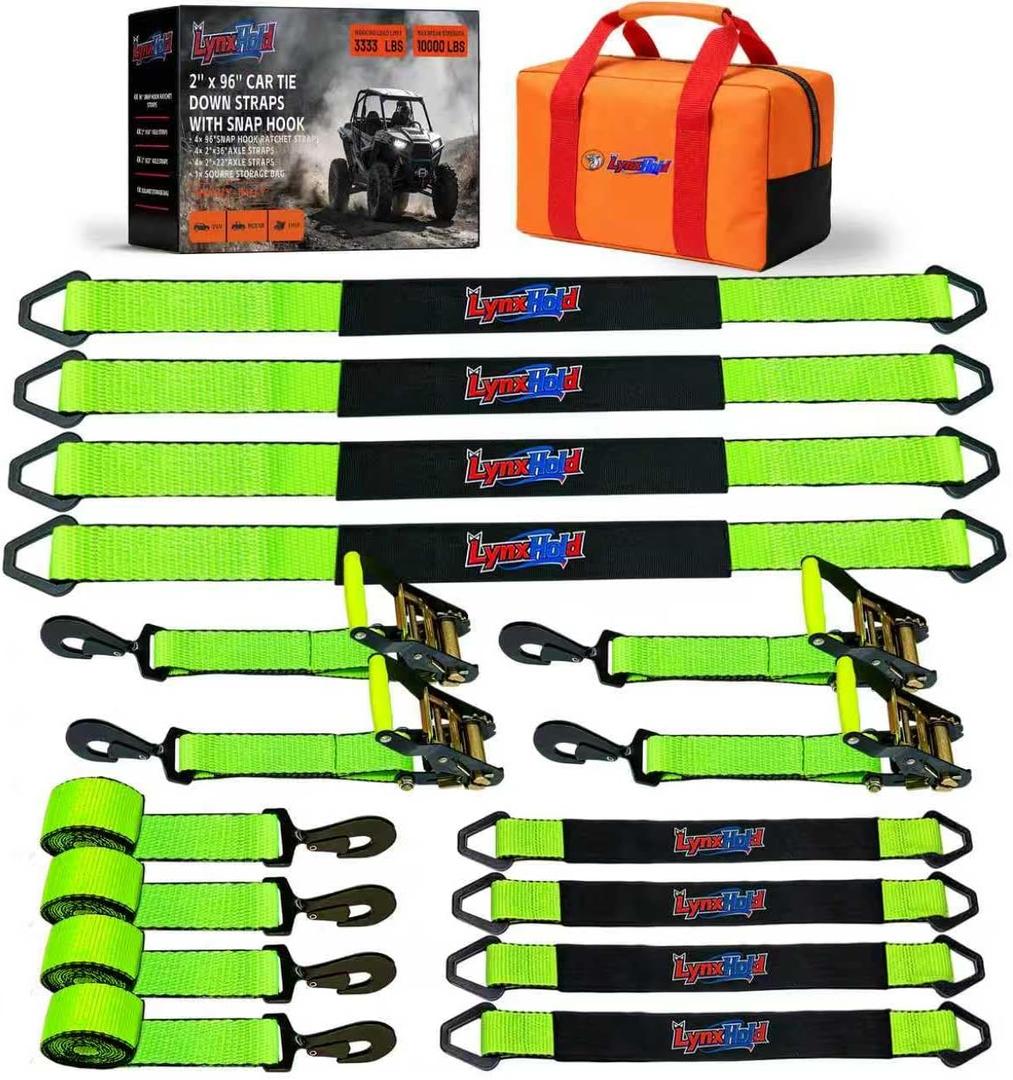 2" x 96" Car Trailer Tie Down Straps, 10,000 LBS, Heavy Duty Ratchet Kit, 96in