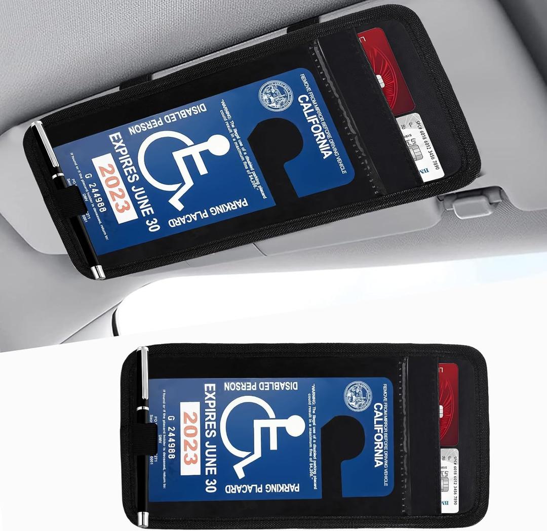 Wuyaoyao Handicap Placard Holder for Car Visor, Clear Disabled Parking Permit Sign Protector for Auto Sun Visor, Disability Parking Placard Clip with Pen Holder, Note Paper Card Slot, Elastic Strap