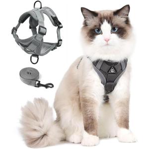Cat Harness and Leash Set, Upgraded Escape Proof Adjustable Vest with Lead for Large Cat Small Dog Puppy Outdoor Walking, Soft Breathable Mesh Jacket with Reflective Strips for Dark Night, L Gray