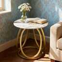 O&K FURNITURE Gold Side Table Living Room, Round End Table with Marbling Stone, Nightstand with Metal Frame, for Bedroom, Home Office, 1PC