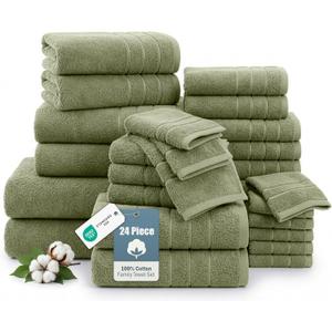 24-Piece Luxury Bathroom Towel Sets 100% Cotton Bath Towel, 2 Bath Sheets, 2 Gym Towel, 2 Bath, 4 Fingertip, 6 Hand, 8 Washcloths, Highly Absorbent, Ideal for Spa, Hotel & Everyday Use Oil Green
