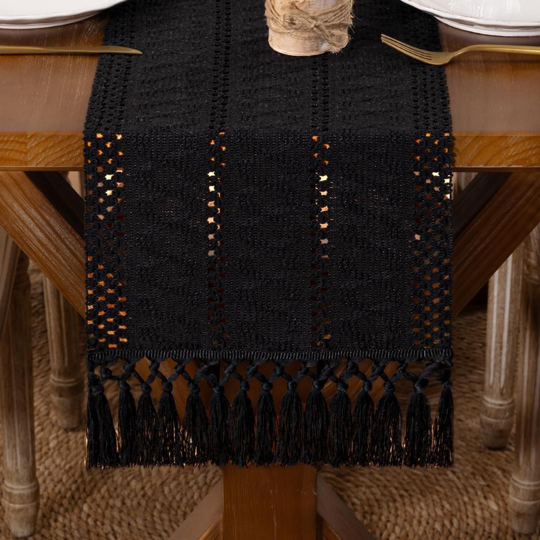 Boho Macrame Table Runner Spring Easter Farmhouse Woven Table Runner with Tassels 90 Inches Halloween Black Cotton Linen Kitchen Table Decor for Dining Dresser Home Tea Table Decor (12" x 90")