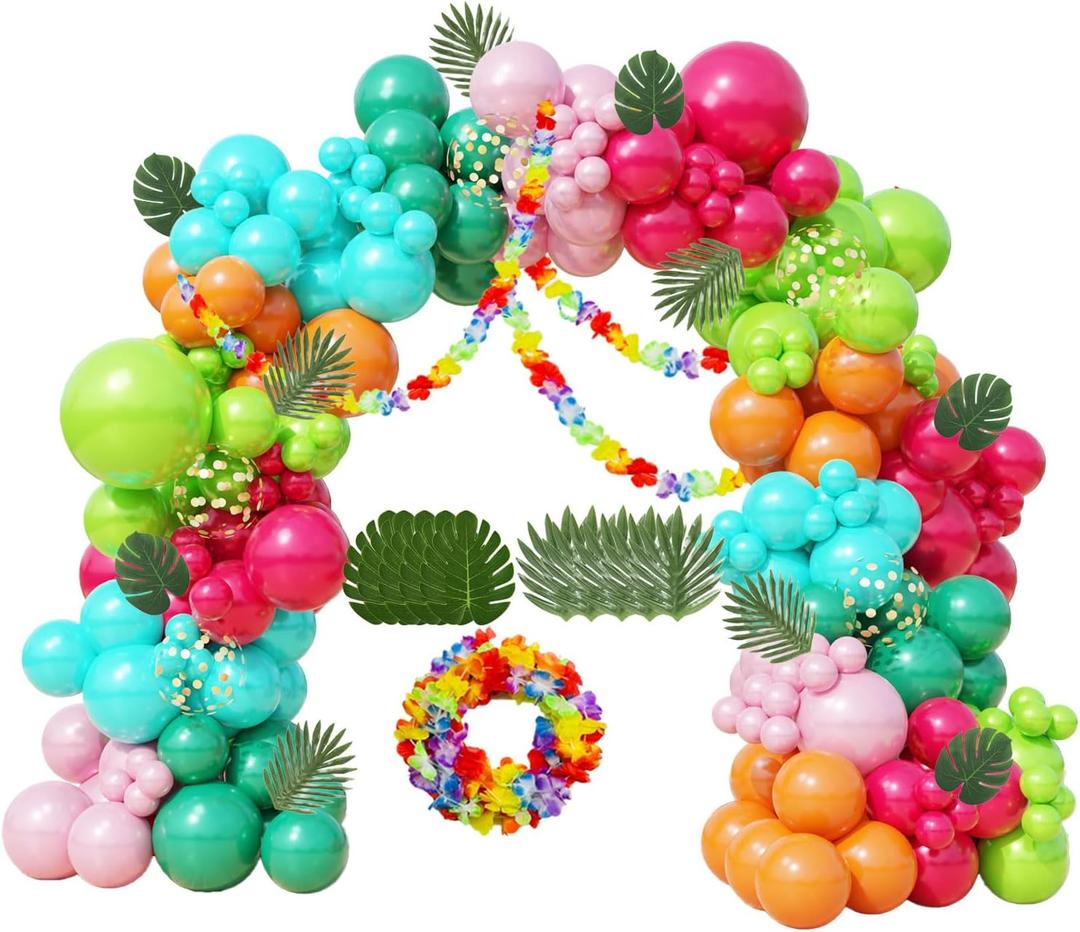 Tropical Balloon Arch Kit 161pcs Hawaiian Theme Rose Gold Confetti Balloon Luau Palm Leaives Flowers For Summer Baby Shower,Island,Beach,Flamingo Pink Pool Parties,Aloha Birthday Party Decorations
