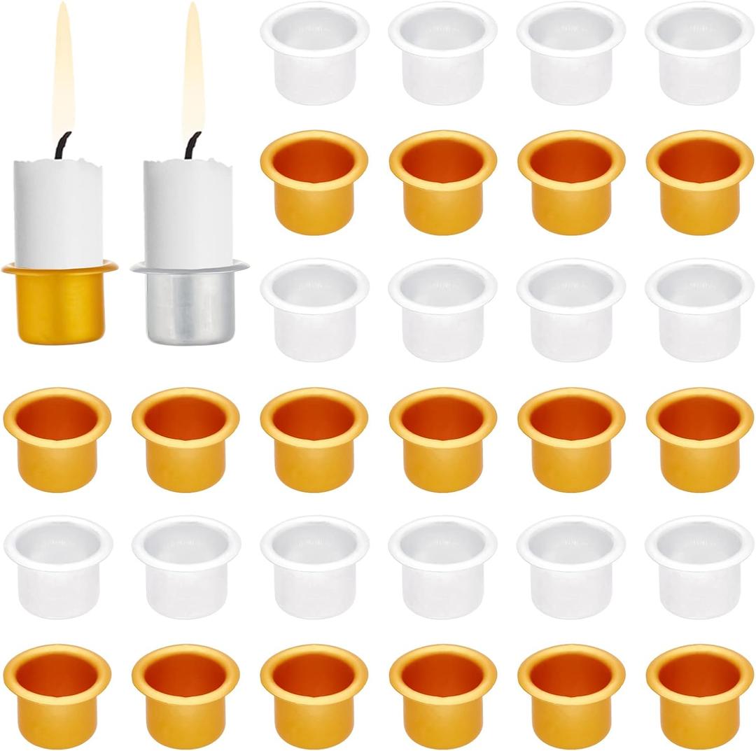 PH PandaHall 40pcs Candlestick Holder Cup, Aluminum Metal Candle Inserts 0.7x1 Inch Candle Drip Protectors Drip Catchers for Wax Dripping Jar Candle Ramadan Valentine Christmas, Gold & Platinum