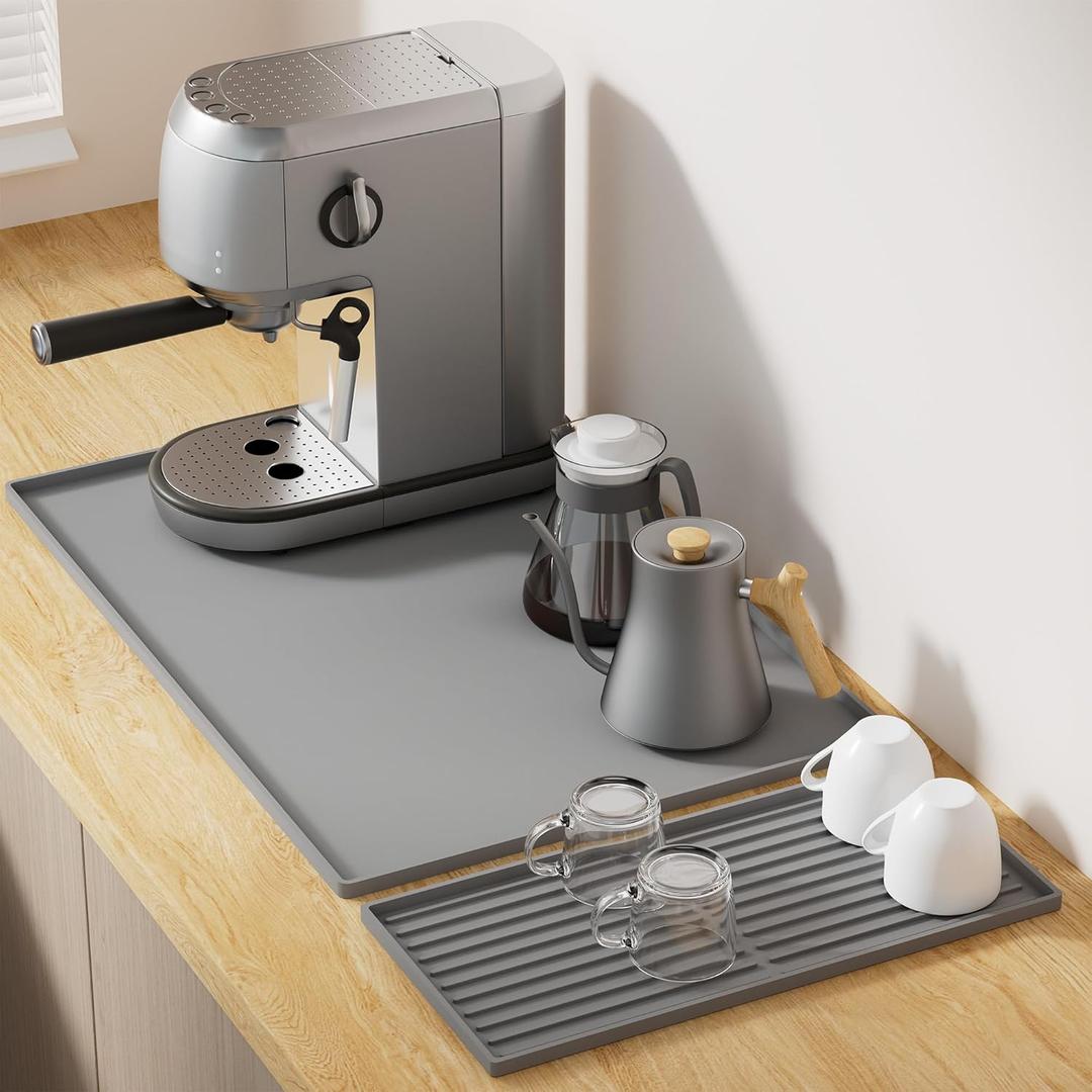 Golener Silicone Coffee Mat Set - 24" x 16" Coffee Bar Mat for Countertop, Kitchen Station Pad Accessories Fit Under Coffee Maker or Machine, Dish Drying Mat, Heat Resistant Kitchen Gadget, Grey